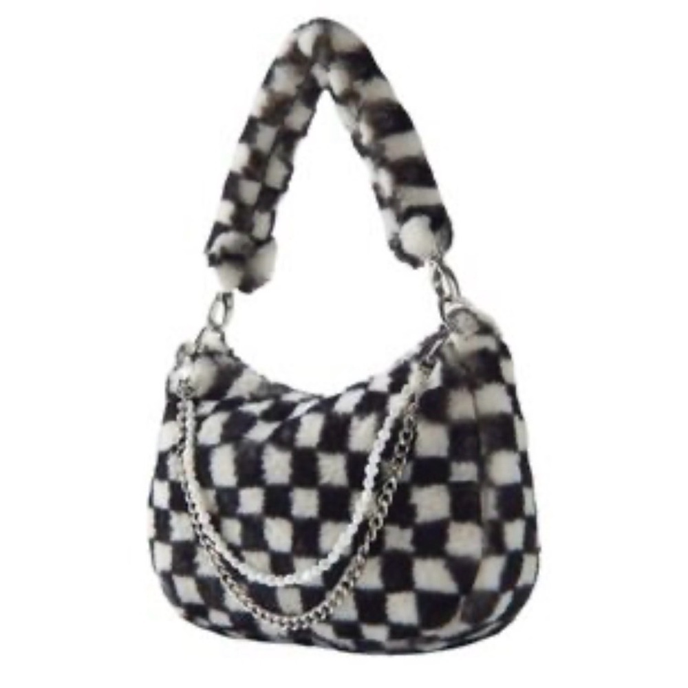 Urban Outfitters Chain Fur Baguette Black and White Checkered Women's Bag